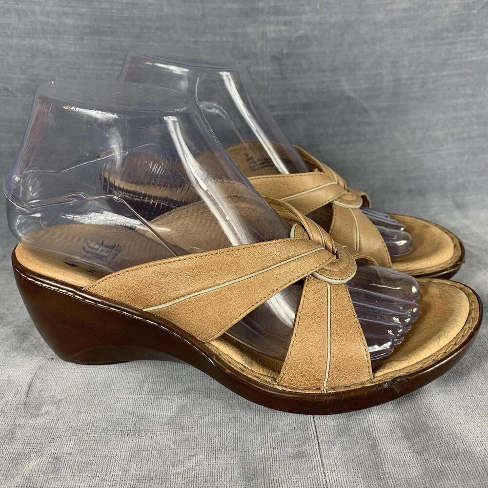 Sofft Wedge Sandals Heels Brown Beige Leather Womens Size 7 M